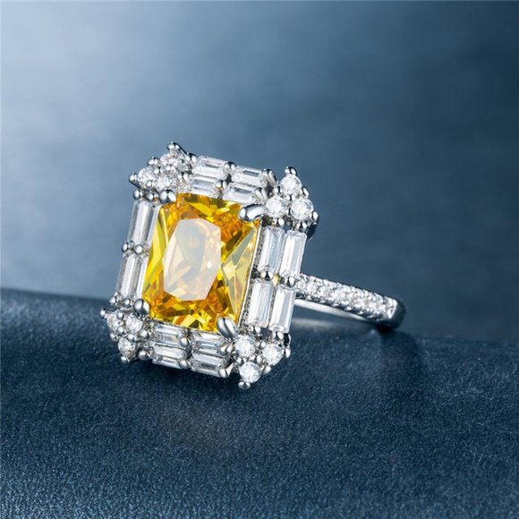 NEW Silver Emerald Cut Citrine Halo Ring - Picture 4 of 4